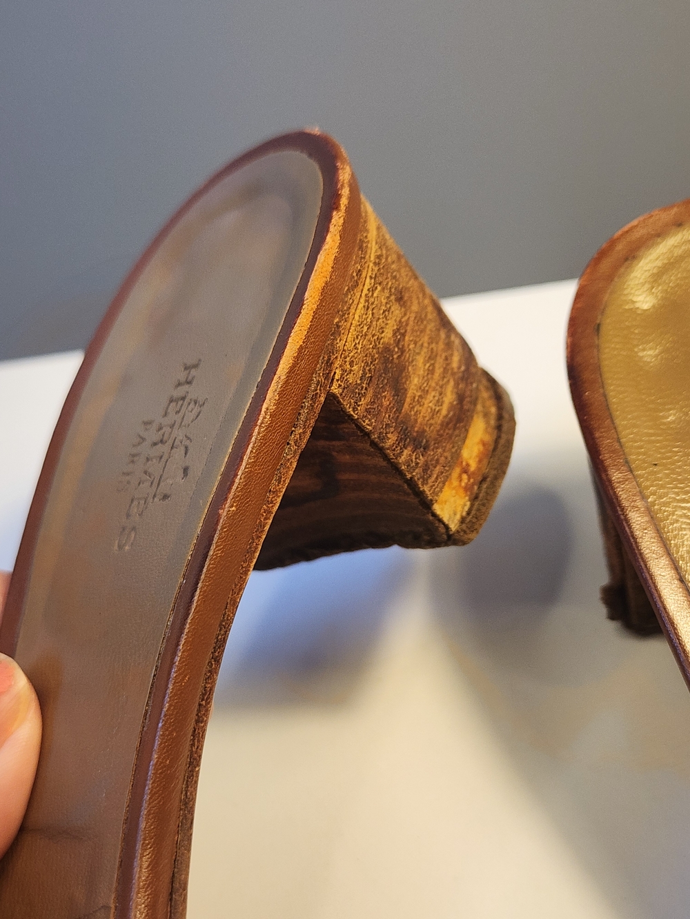 Hermes Gold Brown Oasis "H" Cut Out Sandals Shoes 38 1/2 USED - Picture 6 of 10